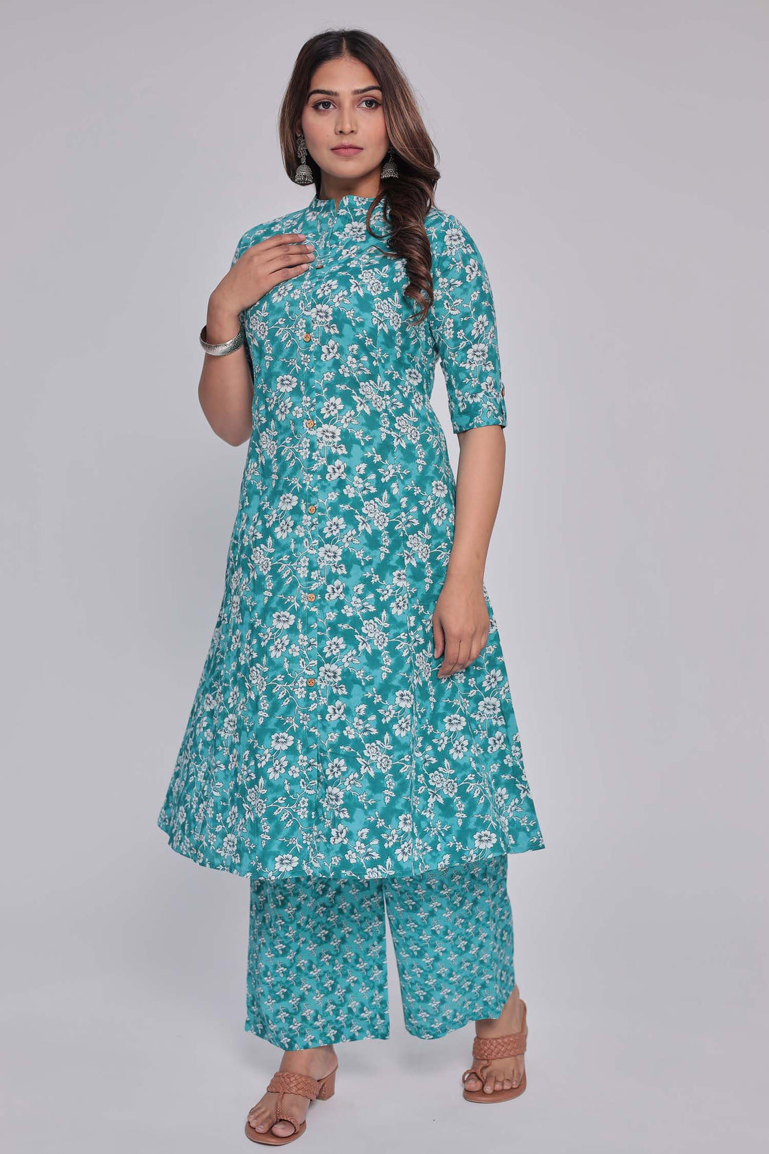 Women's Blue Princess cut Printed kurta and pant