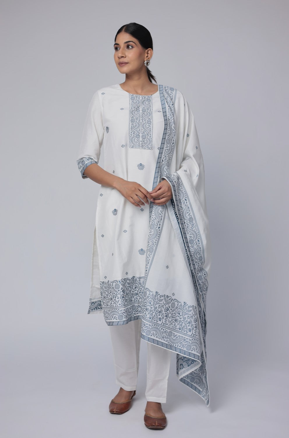 White Blue cotton jacquard dupatta set detailed with detailing on front