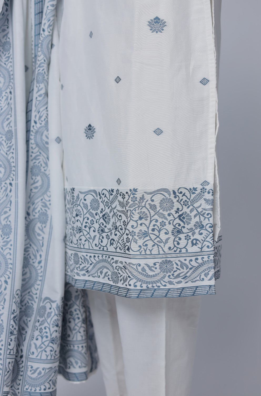 White Blue cotton jacquard dupatta set detailed with detailing on front