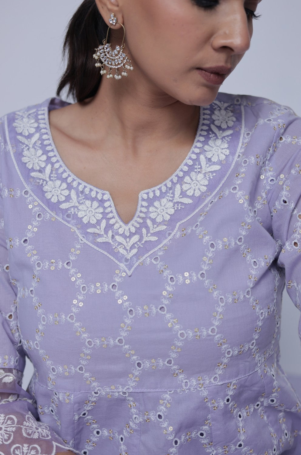 Lavender Chikankari Anarkali Kurta with Cotton Pant and Organza Dupatta