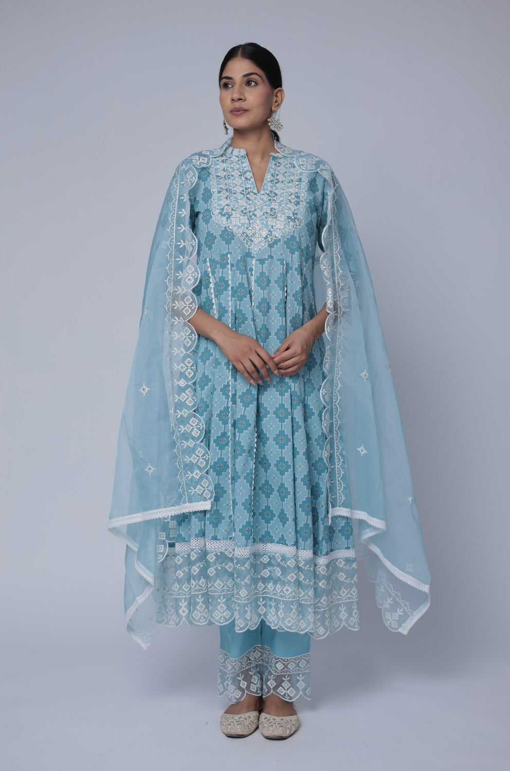 Ocean Blue anarkali cotton dupatta set detailed with white thread work