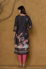 Detailed view of the vibrant floral print on the sleeve and side panel of the rich black pannel kurta, showcasing design elements.