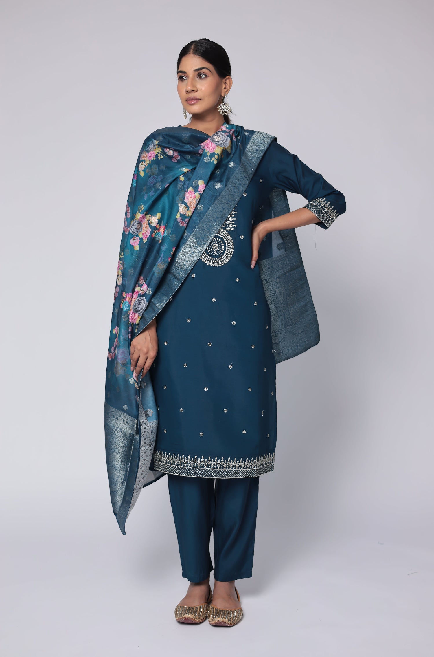 Model in a confident stance, highlighting the full length and overall elegant design of the blue soft silk suit set.