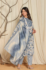 Model posing with the printed cotton dupatta of the premium floral kurta set, showcasing its design and comfortable drape.