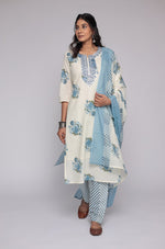 Detailed view of the striped pattern on the mulmul dupatta and the floral print on the pants of the cream and blue Jaipuri set.