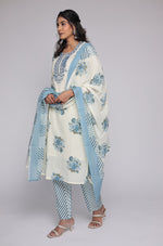 Model gracefully posing in the cream and blue Jaipuri print dupatta set, showcasing the comfortable movement and elegant flow of the mulmul dupatta.