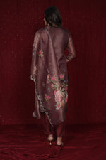 Back view of the deluxe shimmer organza brown suit, showing the elegant silhouette and the flow of the kurti.