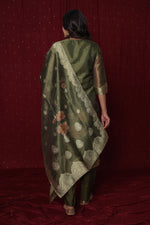 Back view of the deluxe jacquard organza olive green suit, showcasing the graceful drape and the intricate back detailing.