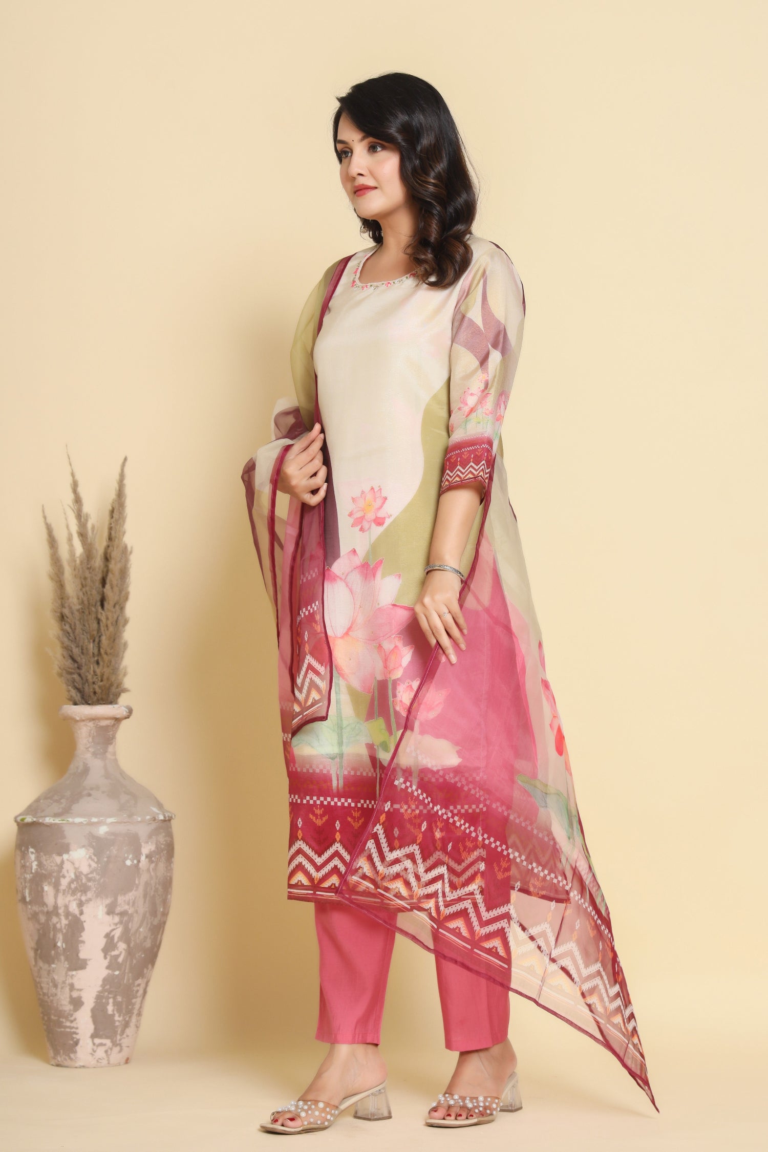 Flat lay arrangement of the complete shimmer digital print dupatta set, highlighting the vibrant colors and patterns of the dupatta and the elegance of the kurti and pant.

