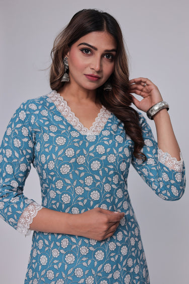 Women's Blue Handblock Print Kurta Dhuppata & Pants set