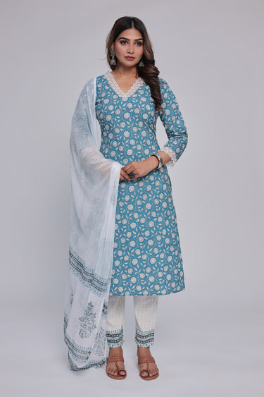 Women's Blue Handblock Print Kurta Dhuppata & Pants set