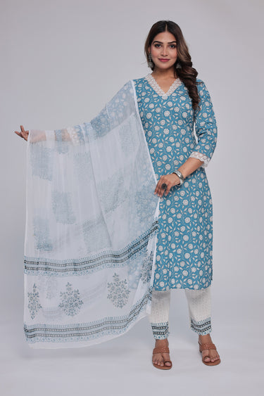 Women's Blue Handblock Print Kurta Dhuppata & Pants set