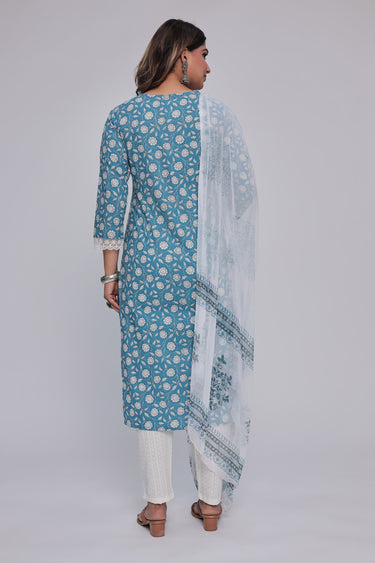 Women's Blue Handblock Print Kurta Dhuppata & Pants set