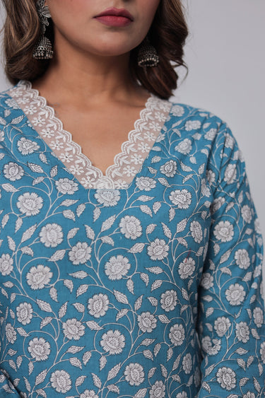 Women's Blue Handblock Print Kurta Dhuppata & Pants set