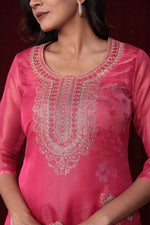 Detailed view of the soft organza dupatta with vibrant floral embroidery and print, paired with the pink ethnic suit.