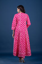 Back view of the fuchsia pink printed Anarkali dupatta set, showing the elegant flare and consistent print pattern on the kurti and comfortable silhouette.

