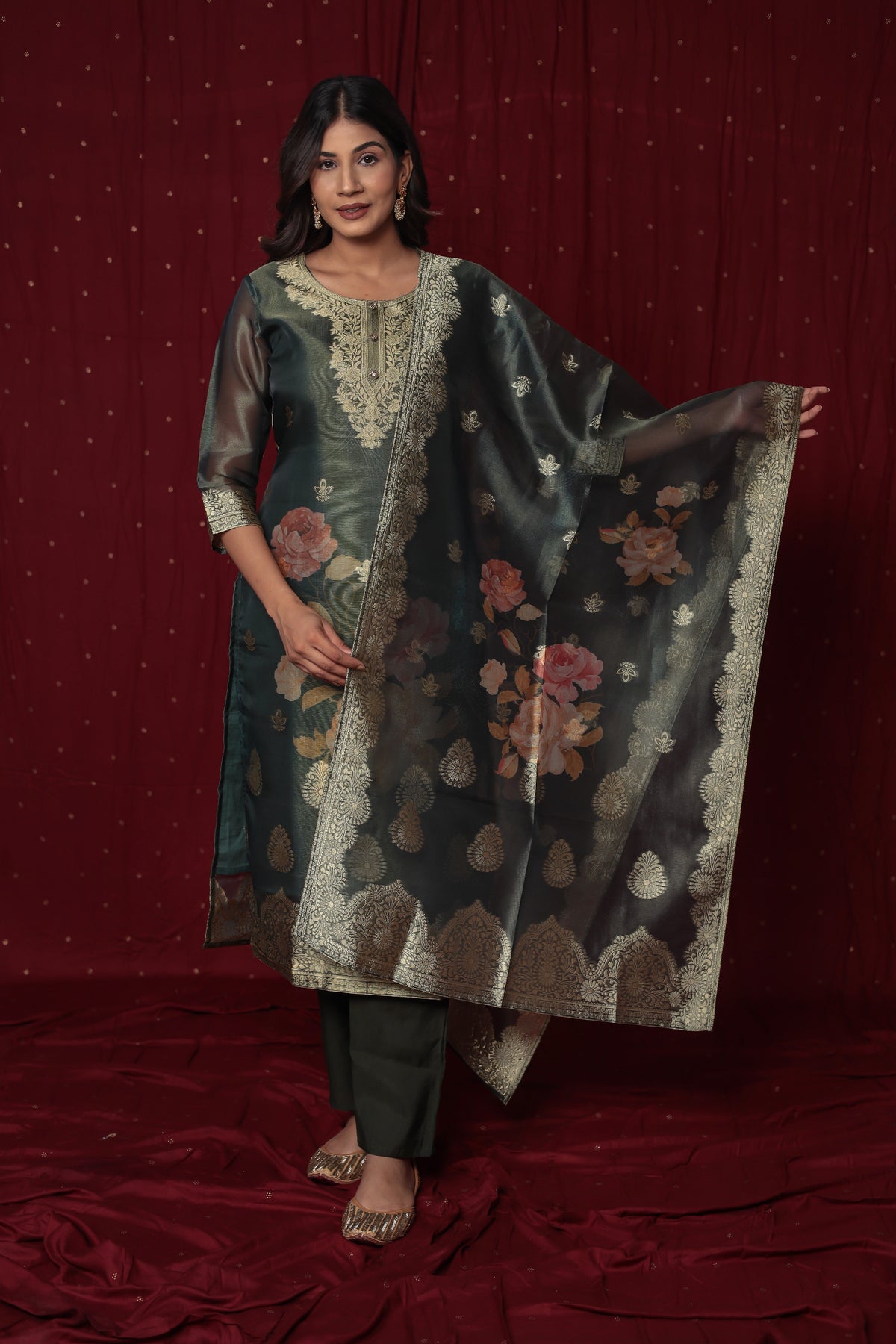 Close-up of the rich texture of the jacquard fabric on the kurti and dupatta, alongside the smooth feel of the soft silk pant, highlighting material quality.