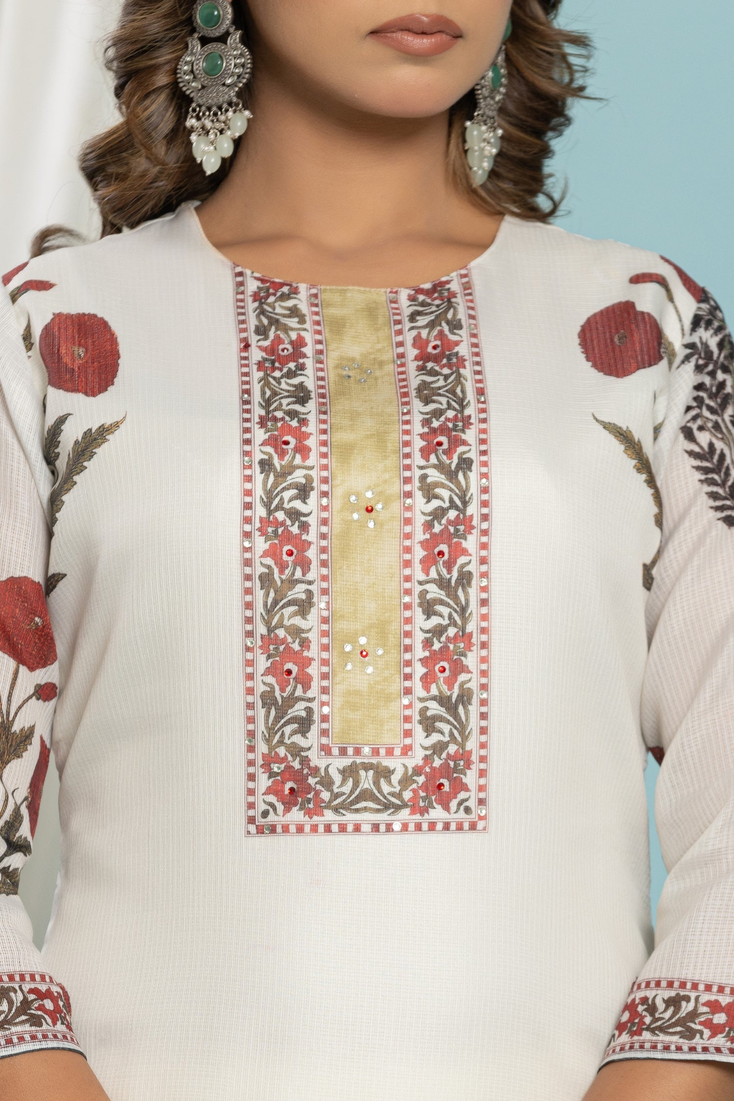 Detailed view of the sheer Kota Doria dupatta with complementary floral print and patterned border, from The Navra ethnic wear collection.