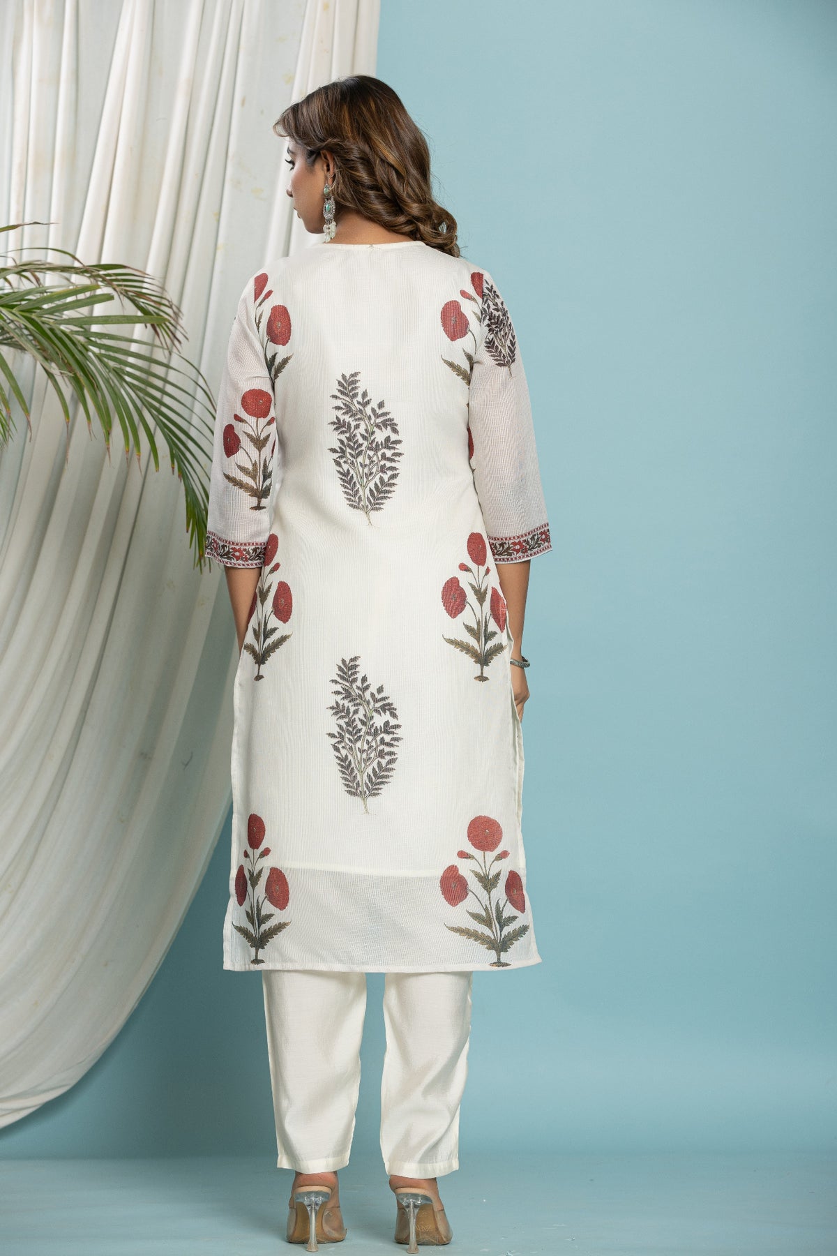 Back view of the off-white Kota Doria dupatta set, showing the clean drape of the kurti and the soft silk pant.