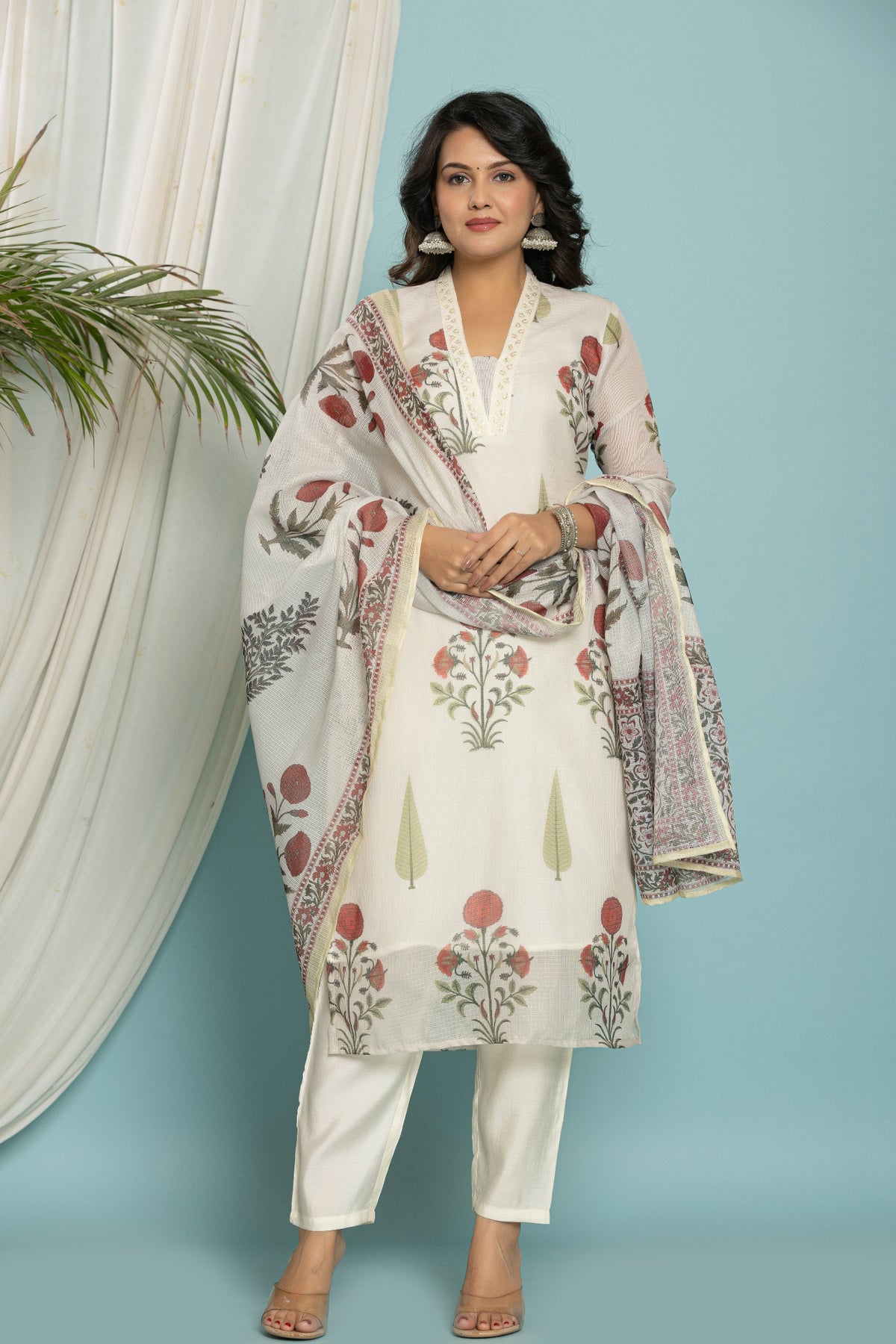 Flat lay arrangement of the complete Kota Doria dupatta set, including the floral printed kurti, matching dupatta, and soft silk pant.
