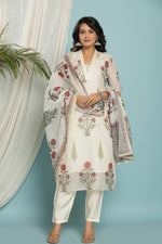 Flat lay arrangement of the complete Kota Doria dupatta set, including the floral printed kurti, matching dupatta, and soft silk pant.