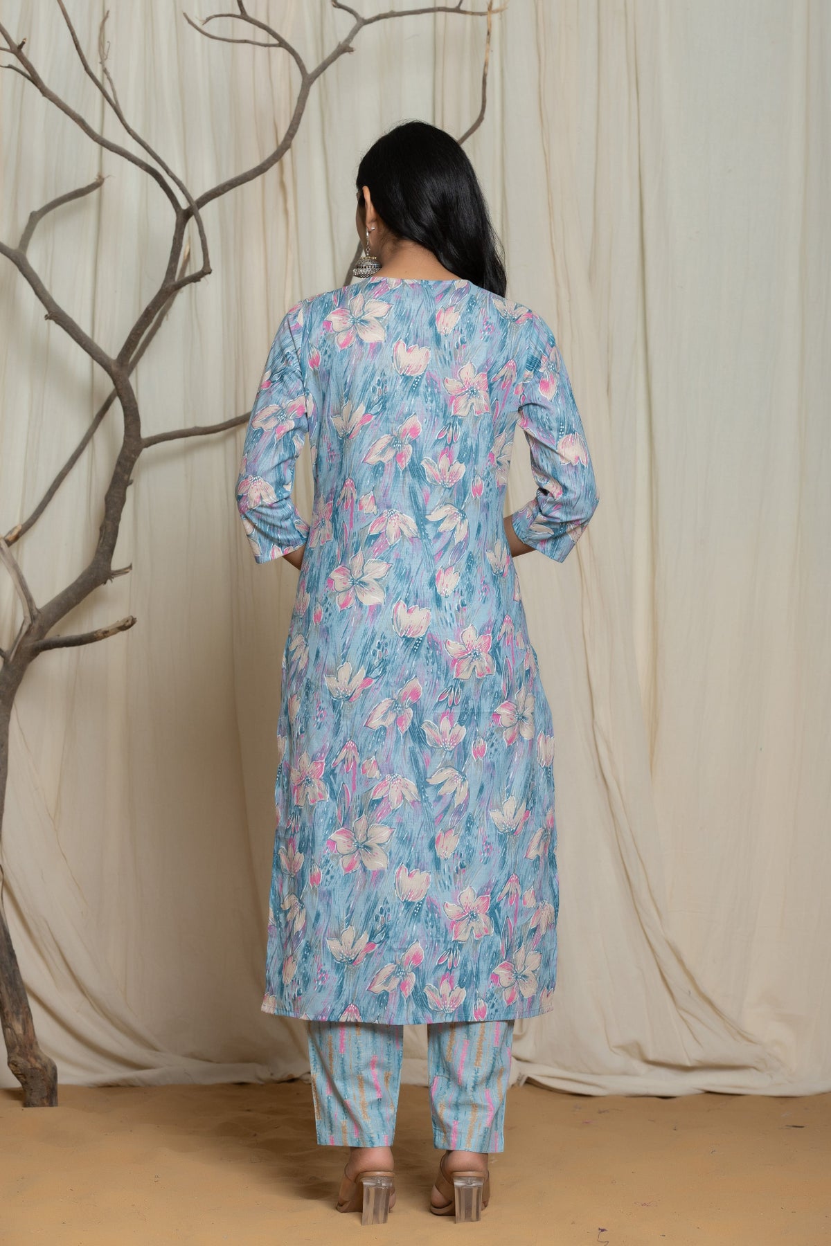 Back view of the light blue cotton premium mill print dupatta set, showing the consistent print pattern on the kurti and pants, with the matching printed dupatta.
