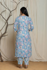 Back view of the light blue cotton premium mill print dupatta set, showing the consistent print pattern on the kurti and pants, with the matching printed dupatta.
