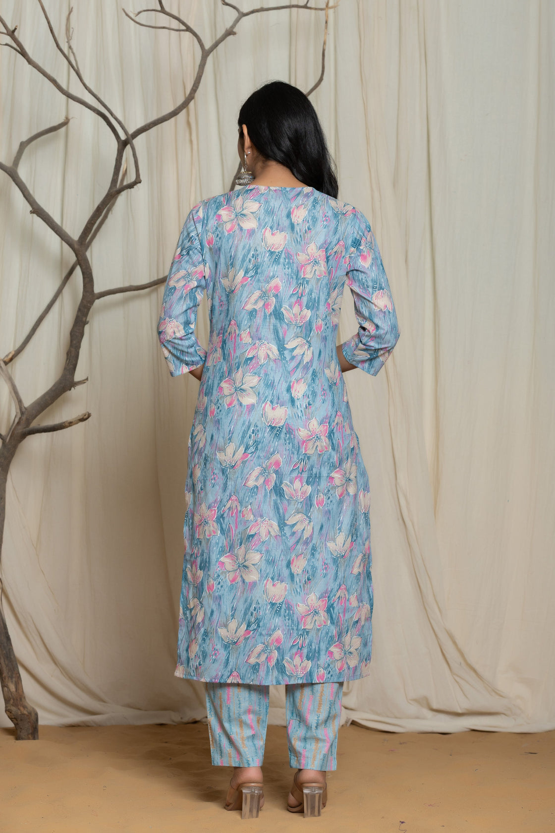 Back view of the light blue cotton premium mill print dupatta set, showing the consistent print pattern on the kurti and pants, with the matching printed dupatta.
