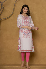 Model in a different pose wearing the light purple pannel kurta, highlighting the full length and the intricate patterns.