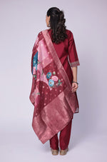 Back view of the maroon soft silk suit set, showing the elegant drape of the kurta and printed jacquard dupatta.