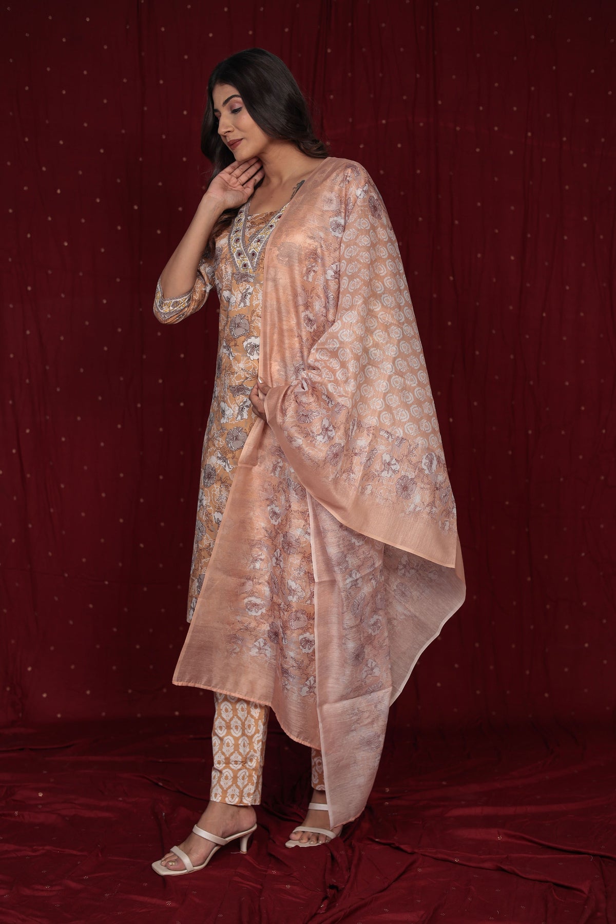 Model gracefully posing in the pure cotton mustard brown dupatta set, showcasing the lightweight drape and movement of the printed dupatta and kurta.
