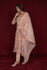 Model gracefully posing in the pure cotton mustard brown dupatta set, showcasing the lightweight drape and movement of the printed dupatta and kurta.