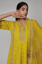 Close-up of the beautiful mustard yellow Schiffli kurta, highlighting the intricate embroidery on the neckline and the sheer organza dupatta.