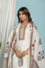 Close-up of the traditional red and black floral block print design on the off-white kurti of the Kota Doria set, with gold neck detail.