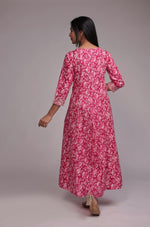 Back view of the printed pink Anarkali dupatta set, showing the elegant fall of the Anarkali and the consistent print.