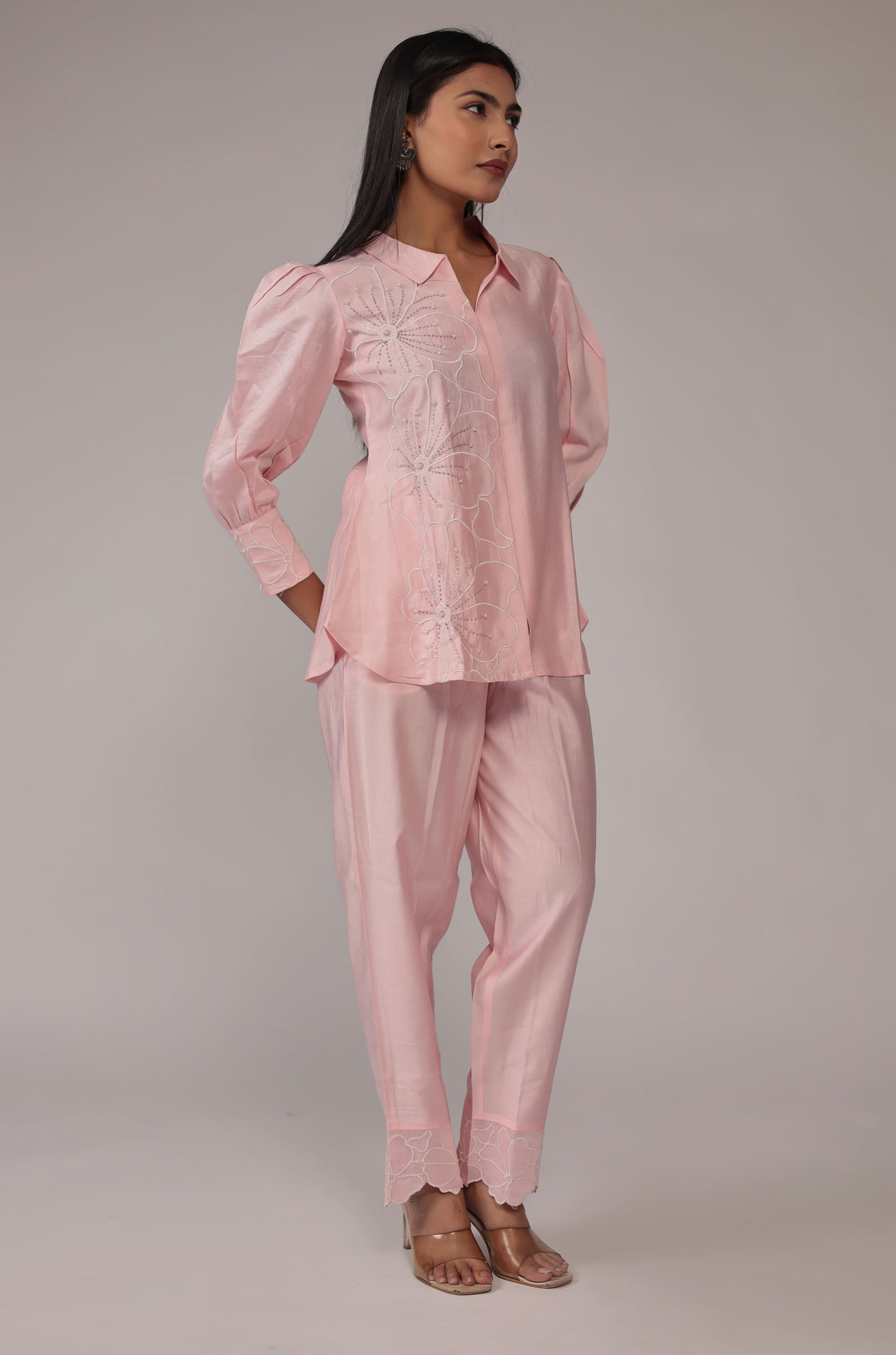 Model gracefully posing in the classy pink co-ord set, showcasing the fluidity and comfortable movement of the outfit.