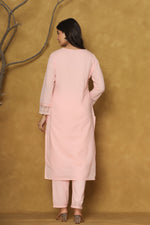 Back view of the premium cotton Chifley dupatta set in pink, showing the comfortable silhouette of the kurti and pants.