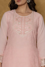 Close-up of the delicate white embroidery on the round neckline of the pink cotton kurti, from the Chifley dupatta set.