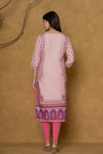 Back view of the pink kurta, showing the consistent block print design and comfortable silhouette.