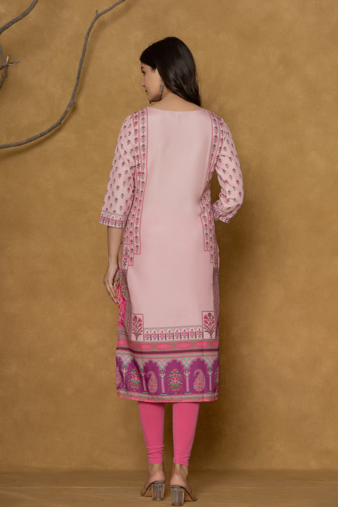 Back view of the pink kurta, showing the consistent block print design and comfortable silhouette.
