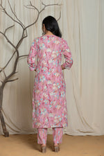 Back view of the pink cotton premium mill print dupatta set, showing the consistent print pattern on the kurti and pants, with the matching printed dupatta.