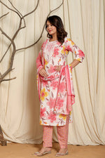 Back view of the pink and yellow floral printed cotton dupatta kurta set, showing the consistent print pattern on the kurti and pants, with the matching printed dupatta.