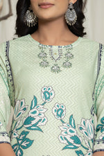 Model in a confident stance, highlighting the full length and overall elegant digital print design of the pistachio green dupatta set, with dupatta draped over shoulder.