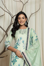 Side profile of model showcasing the comfortable fit and elegant drape of the pistachio green digital print dupatta set with handwork and flowing dupatta.