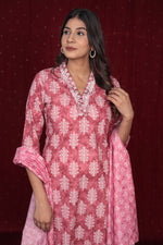 Side profile of model showcasing the comfortable fit and elegant drape of the pure cotton rust pink dupatta set with embroidery.