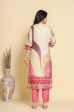Back view of the shimmer digital print dupatta set, showing the elegant silhouette of the kurti and the soft silk pant.