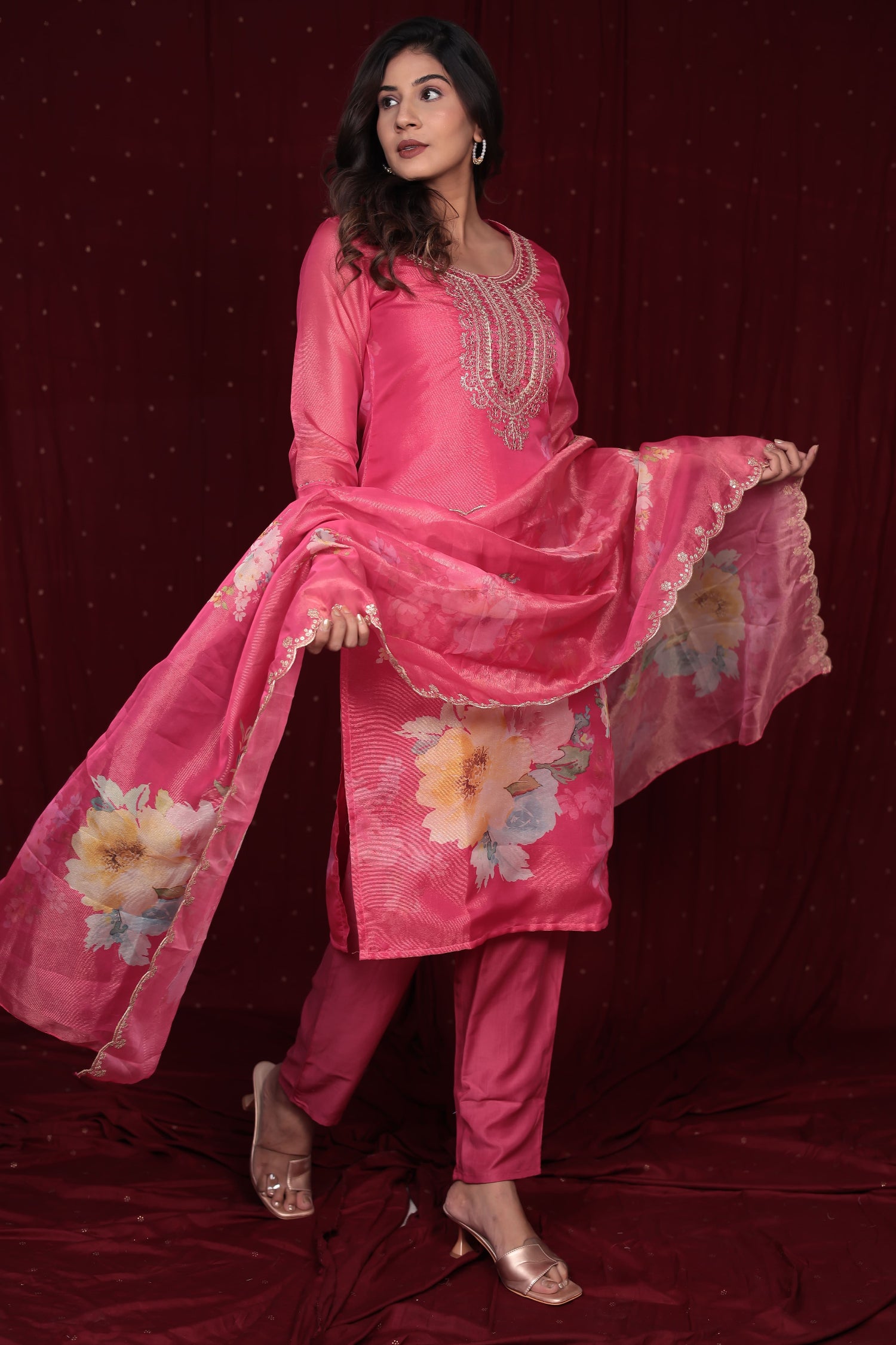 Close-up of the delicate shimmer organza fabric of the kurti and dupatta, and the soft texture of the muslin pant, highlighting material quality.