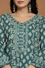 Close-up of the V-neckline and intricate geometric print on the upper body of the teal green Anarkali kurta, highlighting pattern detail.