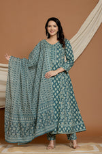 Model gracefully posing in the teal green printed Anarkali dupatta set, showcasing the expansive flow and elegant movement of the Anarkali and dupatta.