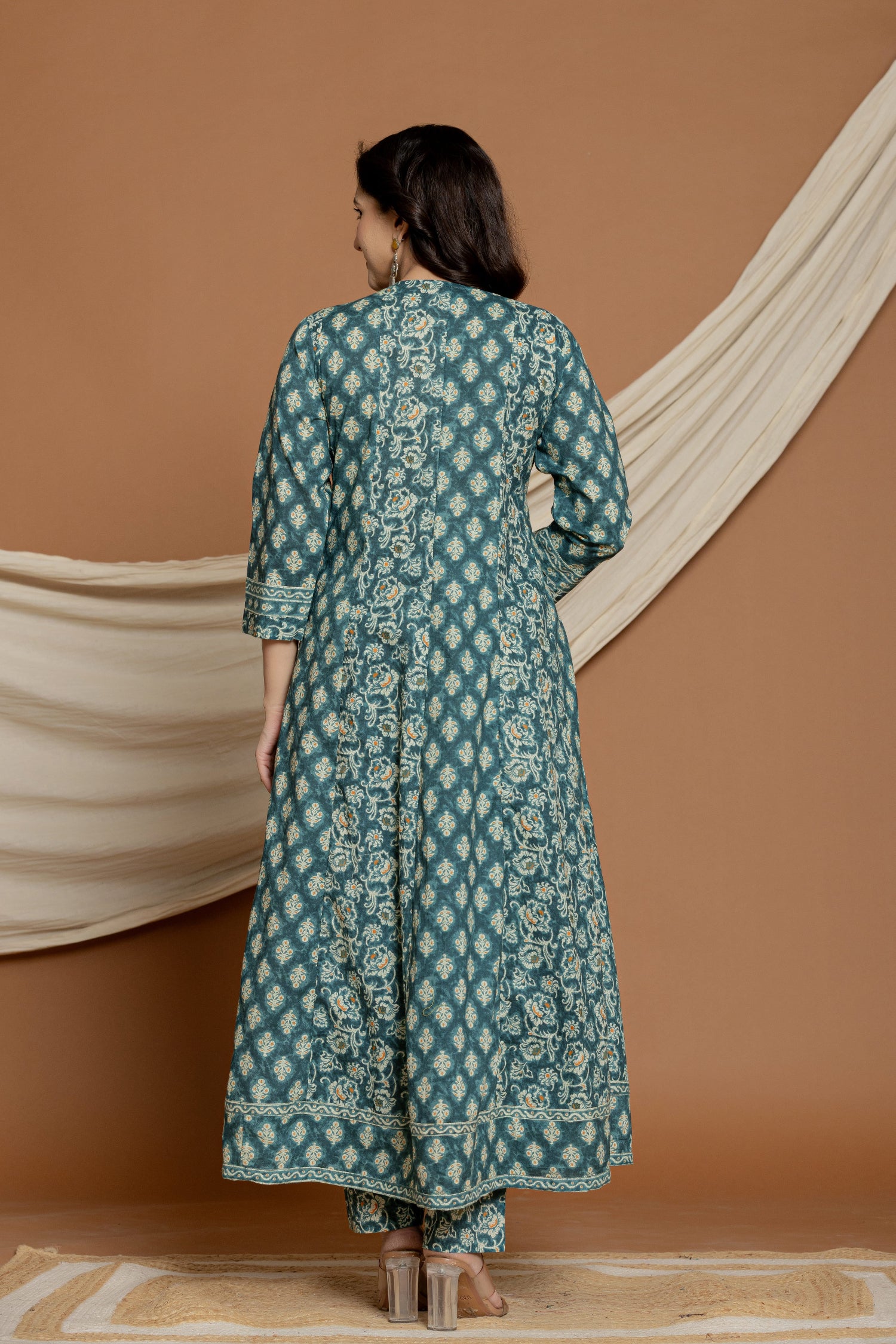 Back view of the teal green printed Anarkali dupatta set, showing the elegant flare and consistent print pattern on the kurti and comfortable silhouette.
